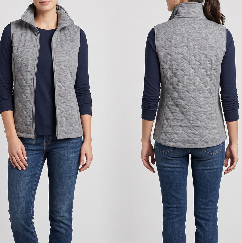 Christopher & Banks Petite PL Gray Quilted Vest Full Front Zipper